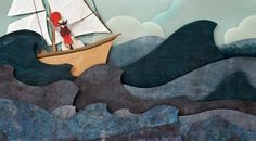 a painting of a boy on a sailboat in the ocean with waves and clouds