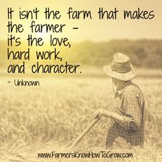 an old farmer standing in the middle of a field holding a stick with a quote on it