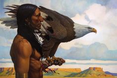 a painting of a native american man with an eagle on his shoulder, and another bird perched on his arm