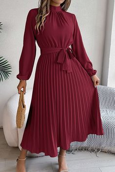 Elegant Stand-collar Long-sleeve Waisted Tie-up Pleated Midi Dress Social Event, Mini Robes