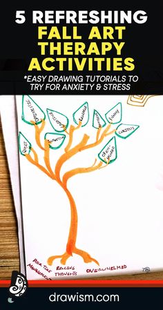 Try these 5+ mentally refreshing & easy fall art therapy activities for anxiety & stress! Save pin for later.   Easy Drawing Tutorials | Drawing Ideas | Expressive Art Therapy Activities | Art Journal Art Group Ideas Therapy Activities, 100 Art Therapy Exercises, Cbt Activities For Teens Art Therapy, Fall Group Therapy Activities, Psychology Club Activities, Halloween Art Therapy Activities, Strengths Based Therapy Activities, Fall Therapy Activities