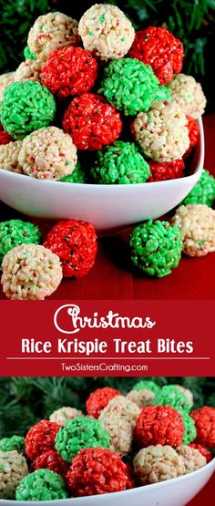 christmas rice krispie treat bites in a white bowl