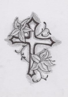 a drawing of a cross with flowers on it