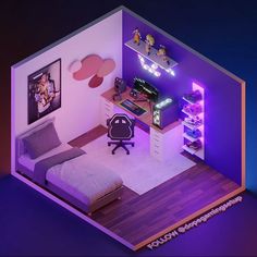 a room with a bed, desk and shelves in the shape of a small house