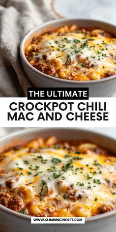 the ultimate crockpot chili macaroni and cheese is ready to be eaten