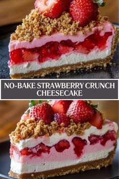 no - bake strawberry crumb cheesecake with fresh strawberries on top