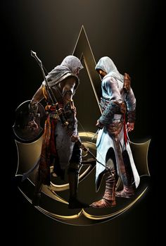 two knights standing next to each other in front of a black background