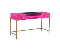 a pink desk with two drawers and gold legs