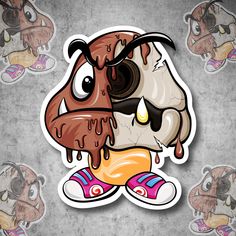 a sticker with an image of a dog eating a donut on it's face