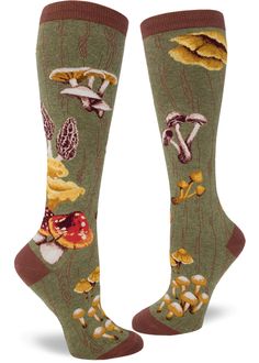 Mushroom Knee Socks | Unique Socks for Mushroom Hunters - Cute But Crazy Socks Comfortable Cotton Socks For Fall, Knee-high Socks For Spring Stocking Stuffer, Cotton Knee-high Socks For Fall, Comfortable Fitted Knee-high Socks, Fitted Mid-calf Cotton Socks, Fitted Cotton Mid-calf Socks, Fall Season Comfortable Socks, Comfortable Fitted Mid-calf Socks, Comfortable Mid-calf Socks For Fall