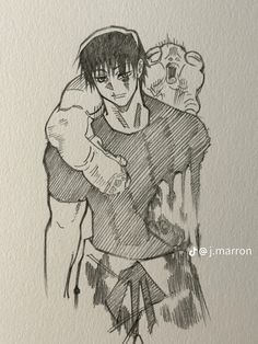 an ink drawing of a man holding a stuffed animal in his arms and looking at the camera