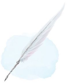 a feather quill on a white background with blue watercolor stains and the tip of it's tail