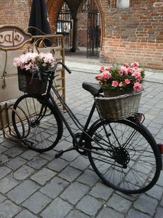 a bicycle parked next to a bench with flowers in the basket on it's front