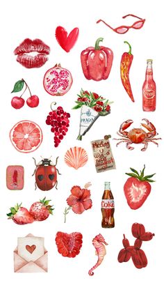 an assortment of food and drink items painted in watercolor on white paper with red ink