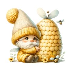 a painting of a little gnome next to a corn cob with bees on it