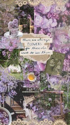 altered collage with flowers and words on the bottom right hand corner, in purple tones