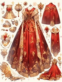 a paper doll is dressed in red and gold