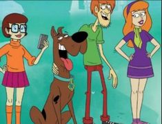 cartoon characters standing next to each other in front of a blue background with an orange dog