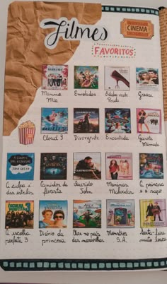 an open book with pictures and words on the front cover that says filmes e favoritos