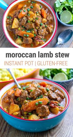 moroccan lamb stew with potatoes and carrots in a blue bowl on a wooden table