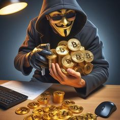 a man in a mask holding stacks of gold bitcoins next to a computer keyboard