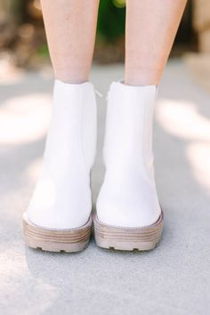 These boots are sure to keep you on the move! They are super cute and we love their chunky heel. These Chelsea boots are going to look so good with your favorite jeans! 
True to size. Mint Velvet White Boots, White Chelsea Boots, Mint Julep Boutique, Flat Espadrille, Chunky Heel, Favorite Jeans, Chunky Heels, Rubber Rain Boots, Chelsea Boots