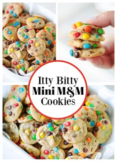 a collage of cookies with m & m's on top and the words itty bitty mini msm cookies below