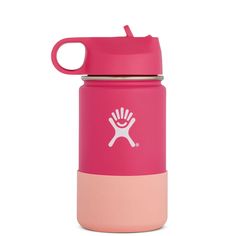 the hydro bottle is pink and has a white imprint on the lid, while it's in front of a white background