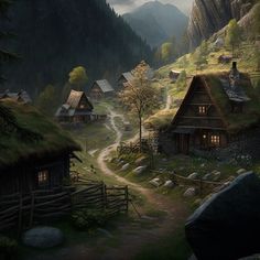 houses in the middle of a forest with mountains Dnd Forest Village, Mining Town Fantasy Art, Dnd Village Art, Dnd Setting Inspiration, Dnd Town Art, Fantasy Town Art, Fantasy Village Aesthetic, Fantasy Village Art, Village Rpg