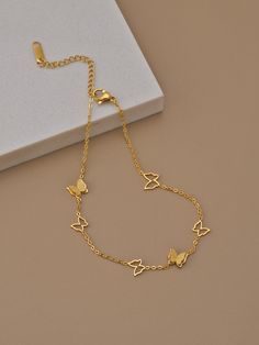 Yellow Gold Fashionable Collar  Stainless Steel  Anklet Embellished   Jewelry Breslight Gold, Butterfly Jewelry Gold, Jewelry Stainless Steel, Cute Julery, Cute Chains For Women, Cute Jewelry Aesthetic, Anklets Aesthetic, Bracelet For Women Gold