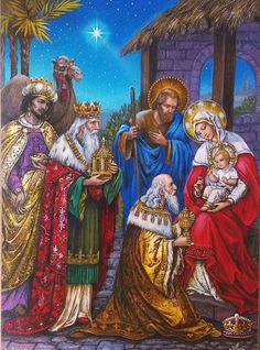 an image of the birth of jesus with three wise men and baby jesus in front of him