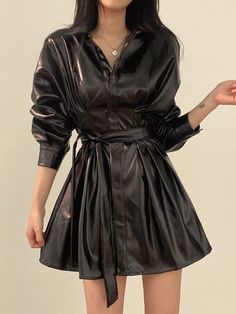 DETAILS
Composition: 100% Polyurethane
Design: Belted
Style: Casual
Thickness: Regular
Sheer: No
Material: Faux Leather
Sleeve Length: Long Sleeve
Occasion: Leisure, Work
Neckline: Collar Pu Leather Dress, Style Français, Belt Style, Leather Shirt, Leather Sleeve, Leather Dress, Leather Coat, Coat Dress, Fitted Dress