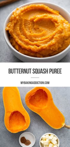 butternut squash puree in a white bowl with spoons next to it