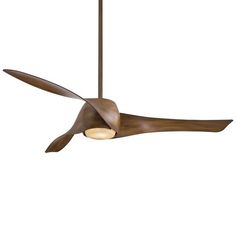 a ceiling fan with a light on it's side and a wooden blade in the middle