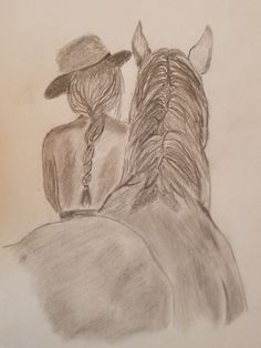 a pencil drawing of a man and woman riding on the back of a brown horse