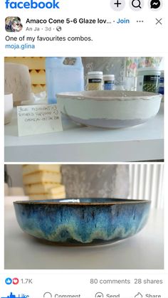 two pictures of the same bowl, one with blue and white glaze on it