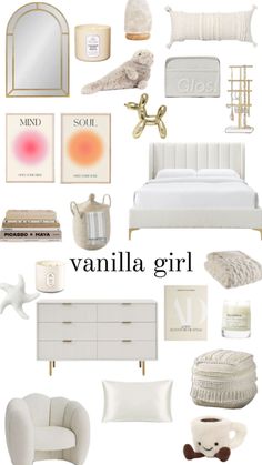 a collage of white furniture and accessories with the words vanilla girl written on it