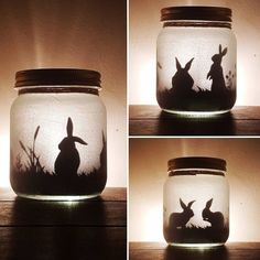 three images of the silhouettes of two rabbits in a mason jar with lights on