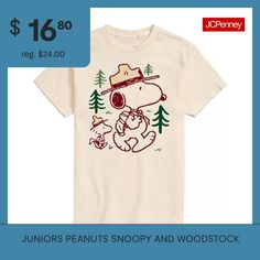 Join Snoopy and Woodstock on a wilderness adventure with this women's and junior's Peanuts graphic t-shirt. Made from cotton-knit, it features a regular-fit, a classic crew neck, and short sleeves. Complete the casual outdoorsy look with cargo shorts. Character: SnoopyClosure Type: Pullover HeadFit: Regular FitNeckline: Crew NeckSleeve Length: Short SleeveFiber Content: 100% CottonFabric Description: KnitCare: Machine Wash, Tumble DryCountry of Origin: Imported Snoopy And Woodstock, Peanuts Snoopy, Cotton Knit, Woodstock, Cargo Shorts, Womens Tees, Peanut, Graphic T Shirt, Graphic Tshirt