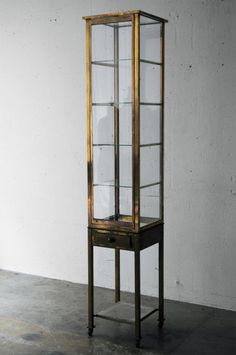 a tall glass case sitting on top of a metal stand in front of a white wall