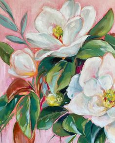 a painting of white flowers on a pink background