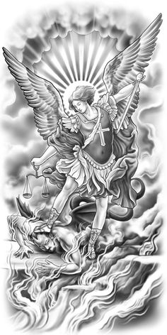 an angel tattoo design on the back of a man's arm, with clouds in the background