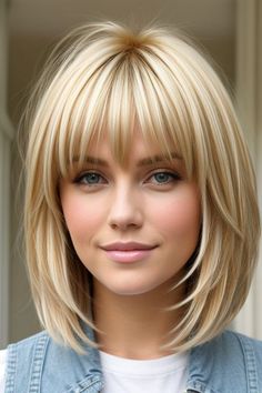 Bouncy Layered Hair, Haircuts For Blonde Hair, Medium Length Haircut With Layers Bangs, Medium Choppy Hair, Hair Dye Color Ideas, Haircuts Blonde, Shag Haircuts