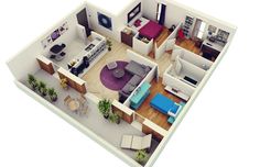 an overhead view of a two bedroom, one bath apartment with living room and dining area