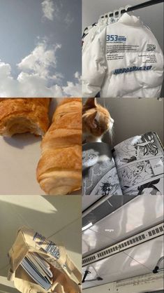 the collage shows different views of pastries and books, including an orange croissant