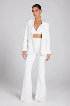 Kira White Blazer – NADINE MERABI Elegant White Blazer For Night Out, White Notch Lapel Outerwear For Party, White Tuxedo Style Party Outerwear, White Tuxedo-style Party Outerwear, Chic Embellished Evening Suit, Chic Evening Suit Embellished, Fitted Satin Blazer For Weddings, White Tailored Blazer For Night Out, Tailored White Blazer For A Night Out