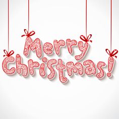 merry christmas message hanging from strings with red bowes and bows on white background stock photo