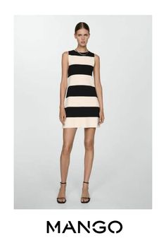 Take advantage of the best discount of the year with Black Friday, Fine knit fabric, Short design, Evasé design, Striped print, Rounded neck, Sleeveless, The model is 5'11" and is wearing a size S Mango Shorts, Mango Dress, Short Design, Striped Knit Dress, Jean Large, Womens Knit Dresses, Jeans Mom, Knitted Dress, Dress Shapes