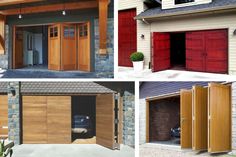 four different types of garage doors in various styles and sizes, including one with the door open