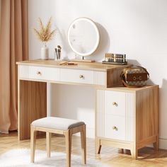 a wooden desk with a mirror and stool